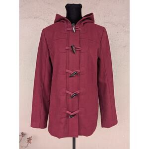 💜Brick Red Wool Blend Toggle Duffle Coat Hooded Mid Length Women’s M
